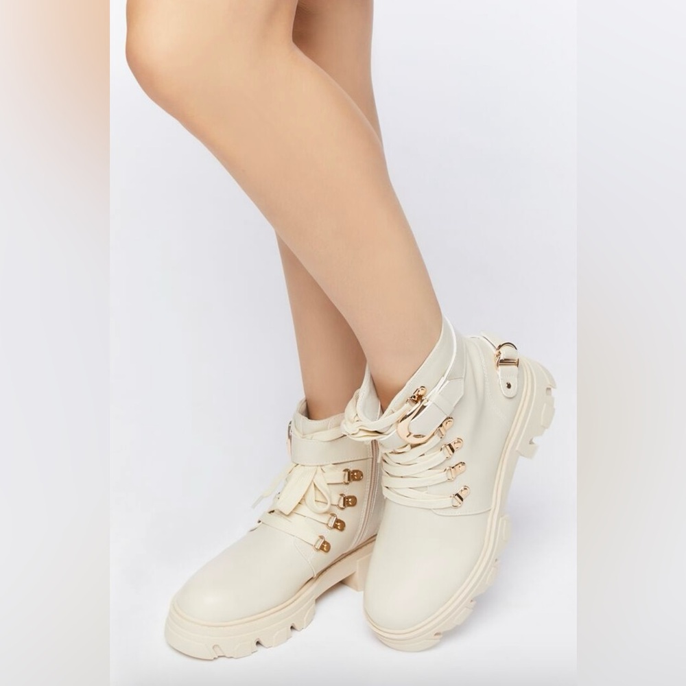 Cream Faux Leather Combat Boots